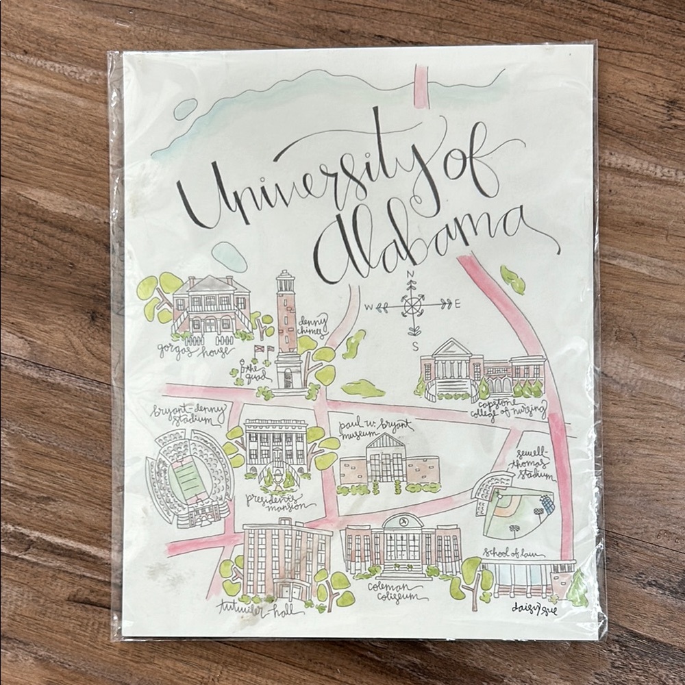 University of Alabama, Tuscaloosa AL Map Watercolor Art Print 8x10